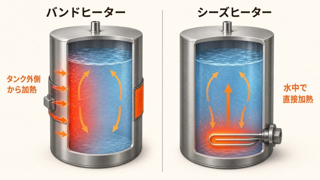 バンドヒーター（タンク外側から加熱）とシーズヒーター（水中で直接加熱）の加熱方式を比較した図