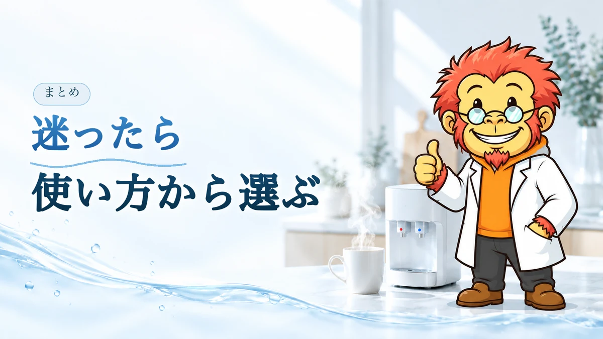 迷ったら使い方から選ぶ。Dr.ゴリポンが親指を立て、湯気の立つマグカップと小さなウォーターサーバーが並んでいる