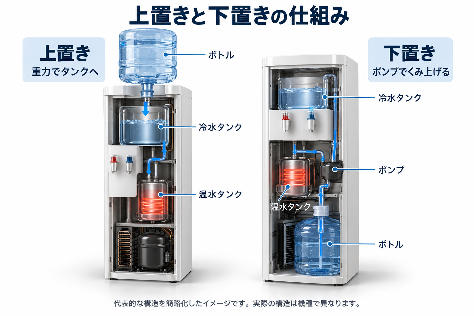 上置きと下置きウォーターサーバーの構造比較。上置きは重力でタンクへ給水し、下置きはポンプでボトルの水をくみ上げる。