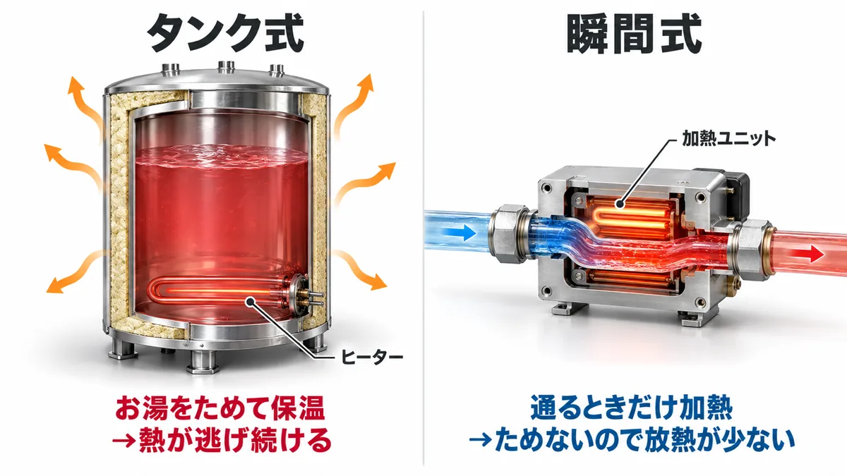 タンク式はお湯をためて保温するので熱が逃げ続け、瞬間式は通るときだけ加熱するので放熱が少ないことを比べた断面イラスト