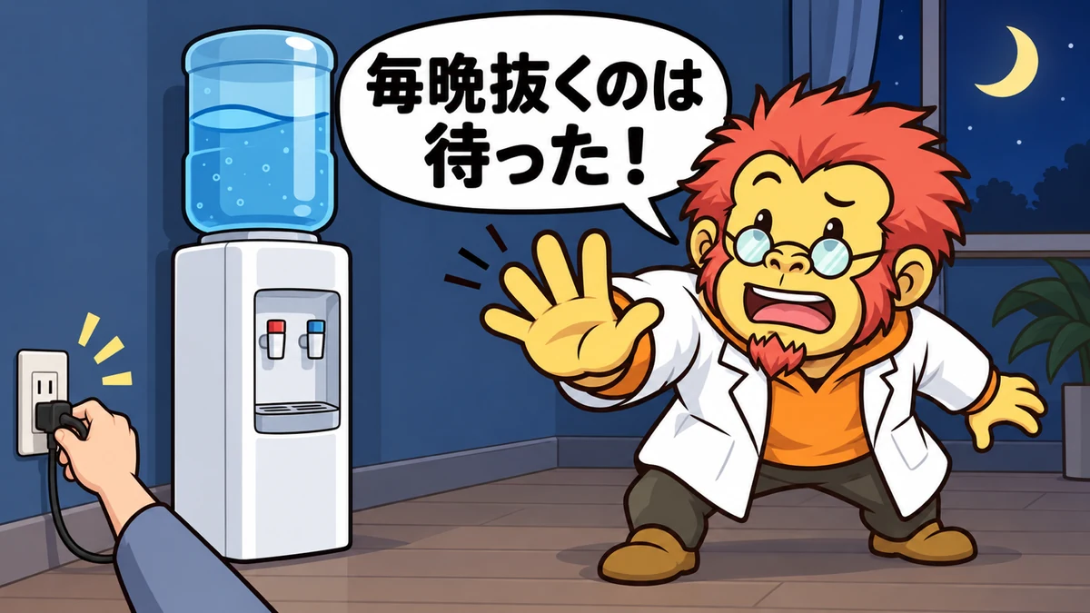 毎晩ウォーターサーバーの電源プラグを抜こうとする手を、Dr.ゴリポンが待ったと止めているイラスト